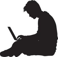 A student sitting with a laptop, typing or researching online. vector