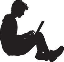 A student seated, working on a laptop, typing or browsing for research. vector