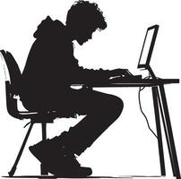 Researching Online Silhouette A student sitting at a computer, browsing or researching information for a project. vector