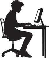 A student sitting at a computer, researching information for a project. vector