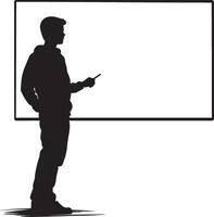A student standing at the front, writing on a whiteboard or chalkboard. vector