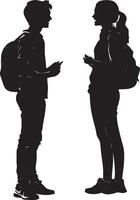 A group of students engaged in conversation, laughing in the hallway or courtyard. vector