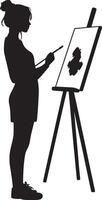 A student using a paintbrush at an easel to create a painting. vector
