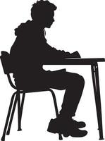 A student sitting at a desk, focused on a lecture or presentation. vector