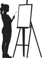 A person standing in front of an easel, painting with a brush in hand. vector