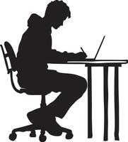 A student seated at a desk, taking notes in a notebook or on a laptop. vector