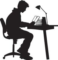 A student sitting at a desk, going through flashcards for test preparation. vector