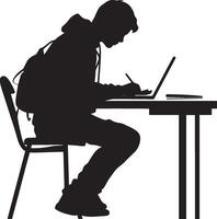 A student writing notes in a notebook or on a laptop while seated at a desk. vector