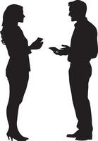 Two professionals exchanging business cards while talking at a networking event. vector