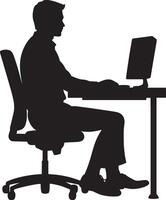A business person seated at a desk, focused on a computer screen. vector
