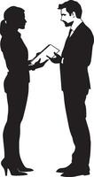 Discussing Strategy Silhouette A business person holding a document, discussing strategy or goals with a team member. full length silhouette black illustration vector