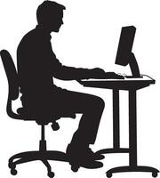 A business person sitting at a desk, working on a computer screen. vector