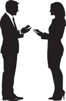 Two professionals exchanging business cards and talking at a networking event. vector