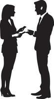 Two business people engaging in conversation and swapping business cards at an event. vector