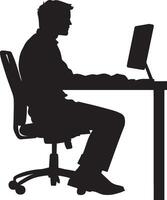 A business person seated at a desk, concentrating on a computer screen. vector