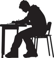 Writing an Essay Silhouette A student hunched over a desk, typing or writing intensely on paper. full length silhouette black illustration vector