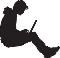 A student sitting at a desk with a laptop, typing or looking up information online. vector