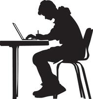 A student seated at a desk, writing notes in a notebook or on a laptop. vector