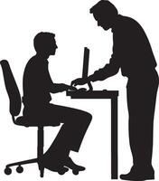 Training a New Employee Silhouette A senior business person guiding a new employee, possibly showing them a computer screen or work procedure. full length silhouette black illustration vector