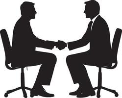 Two business people sitting, discussing terms or shaking hands over a deal. vector