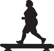 A senior woman walking steadily on a treadmill, depicted in a full-length black silhouette. vector
