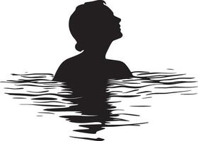 Elderly woman swimming gracefully, captured in a full-length silhouette in black . vector