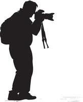 Elderly man with a camera, concentrating on capturing a photo, shown in a full-length silhouette. vector