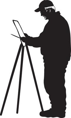 A senior man standing or sitting with a brush or pencil, creating art, depicted in a full-length black silhouette.