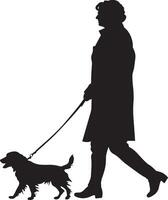 A senior woman walking with a dog on a leash, captured in a full-length black silhouette. vector