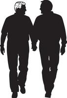 A senior man walking with a spouse, holding hands, captured in a full-length silhouette. vector