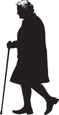 A senior woman walking with a cane, head slightly forward, depicted in a full-length black silhouette.