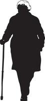 A senior woman using a cane while walking, head slightly bent forward, captured in a full-length silhouette. vector