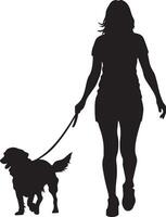 A woman holding a leash, with a dog trotting beside her, captured in a full-length silhouette. vector