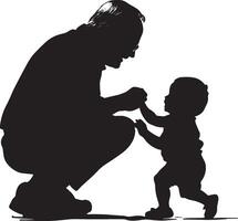Elderly man crouching down to play with a child, shown in a full-length silhouette. vector