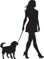 A woman holding a leash, walking with a dog trotting beside her, depicted in a full-length black silhouette. vector