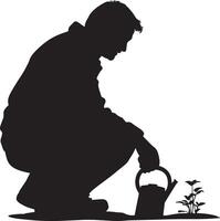 Elderly man kneeling, using a trowel or watering can in the garden, shown in a full-length silhouette vector