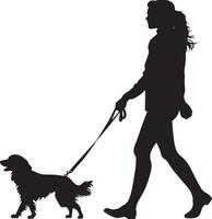 A woman holding a leash, walking alongside a dog, portrayed in a full-length black silhouette. vector