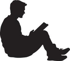 A man seated, holding a book in his lap, shown in a full-length silhouette. vector
