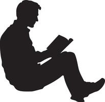 A man sitting with a book in his lap, depicted in a full-length black silhouette. vector