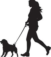 A woman holding a leash, walking with her dog, shown in a full-length silhouette. vector