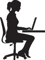A woman seated at a desk, typing on her laptop, captured in a full-length silhouette. vector