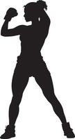 A woman with fists raised, ready to box, shown in a full-length silhouette. vector