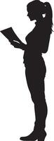 A woman holding papers, scanning through them, depicted in a full-length black silhouette. vector