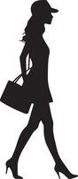 A woman carrying a handbag, walking with elegance, portrayed in a full-length black silhouette. vector