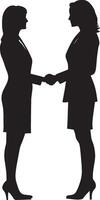 A woman and a man shaking hands in a professional setting, shown in a full-length silhouette. vector