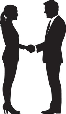 Two people engaged in a handshake, depicted in a full-length black silhouette.