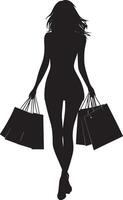 A woman walking with shopping bags in both hands, portrayed in a full-length black silhouette. vector