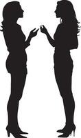 Two women engaged in conversation, gesturing as they talk, shown in a full-length silhouette. vector