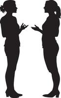 wo women conversing, gesturing while talking, portrayed in a full-length black silhouette. vector