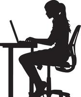 A woman seated at a desk, typing on a keyboard, depicted in a full-length black silhouette. vector